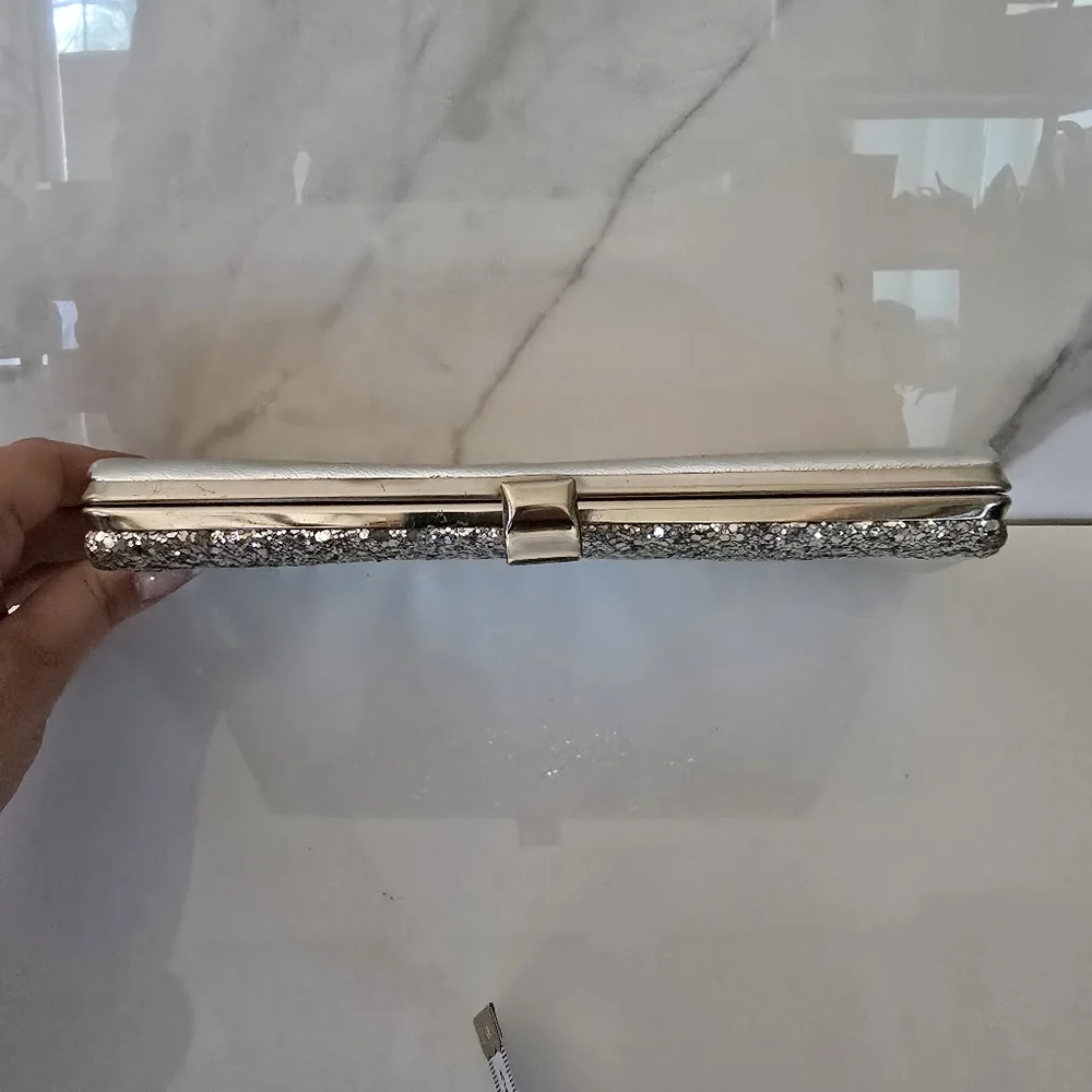 Silver Clutch | Metallic Glitter Vintage purse silver clasp chain strap